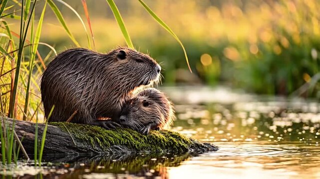 Nutria mother and baby resting on mossy log in sunlit wetland