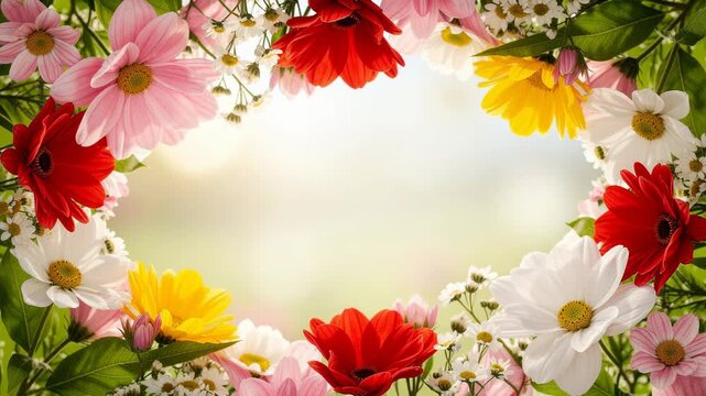 Vibrant circular frame of blooming pink red yellow and white daisies on a gentle swirling background