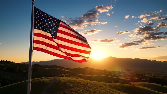 "U.S. flag waving at sunset landscape."