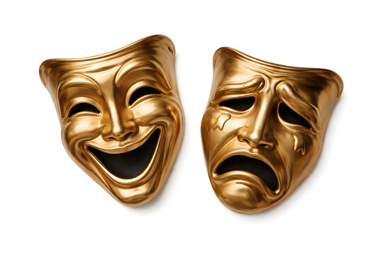 Theatrical Masks: A pair of golden theatre masks, one embodying joy, the other sorrow, rest side by side, perfectly representing the duality of the human experience.