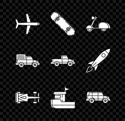 Fototapeta premium Set Plane, Skateboard, Scooter, Formula race car, Fishing boat, Off road, Delivery cargo truck vehicle and Pickup icon. Vector