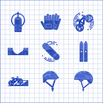 Set Skateboard trick, Bicycle helmet, Helmet, Ski and sticks, on street ramp, park, and Aqualung icon. Vector