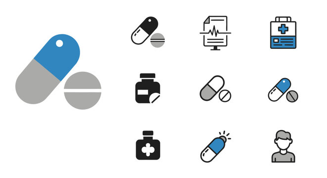 Medical icons depicting various pills and a doctor in a health setting.