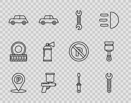 Set line Location with parking, Wrench, Paint spray gun, Car, can, Screwdriver and Engine piston icon. Vector