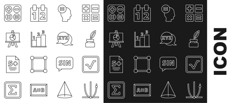 Set line Ringing bell, Open book, Chalkboard, Test or exam sheet, Graph, schedule, chart, diagram, XYZ Coordinate system, Square root and Calculator icon. Vector