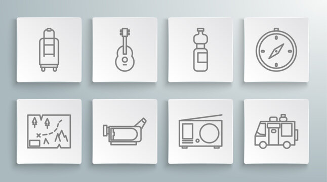 Set line Folded map with location, Guitar, Cinema camera, Radio antenna, Rv Camping trailer, Bottle of water, Compass and Suitcase icon. Vector
