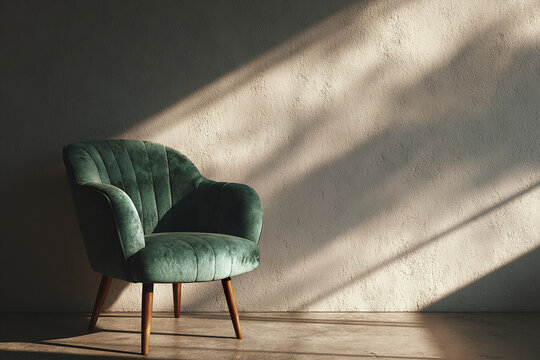 Green velvet armchair with wooden legs stands on concrete floor against textured beige wall with soft natural light and shadow creating calm and cozy atmosphere