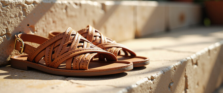 Colorful woven huaraches sandals resting on stone steps in sunlight  