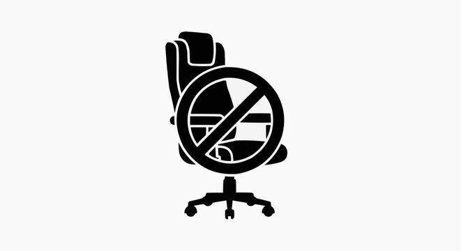Black silhouette icon of an office chair with a prohibition sign, representing no sitting or sedentary lifestyle warning