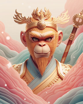 Sun Wukong Monkey King Icon with Vibrant Pastel Gradient Background, Modern Chinese Sacred Art