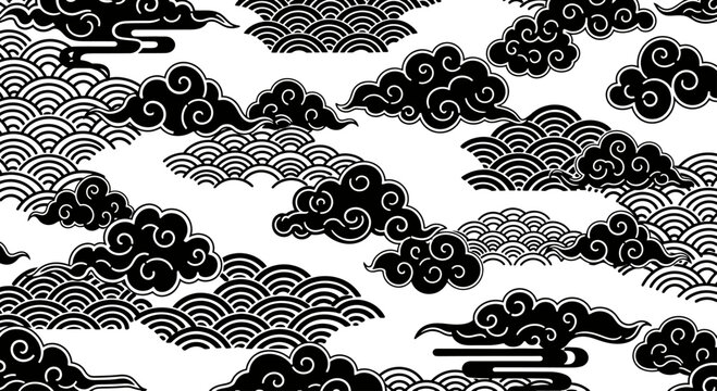Black swirling clouds and traditional wave patterns on white background