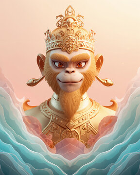 Sun Wukong Monkey King Icon with Vibrant Pastel Gradient Background, Modern Chinese Sacred Art