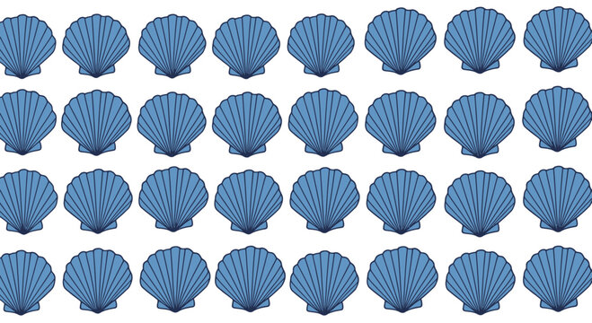 A repeating pattern of stylized blue scallop shells on a white background