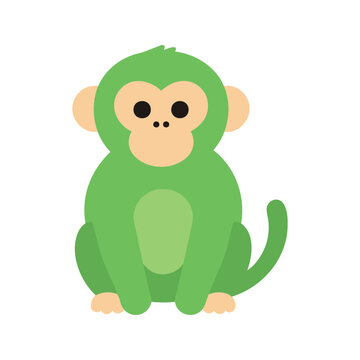 Illustration of a cute green monkey sitting upright with a light beige face and ears