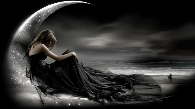 Ethereal woman on moon gazing across dark ocean.