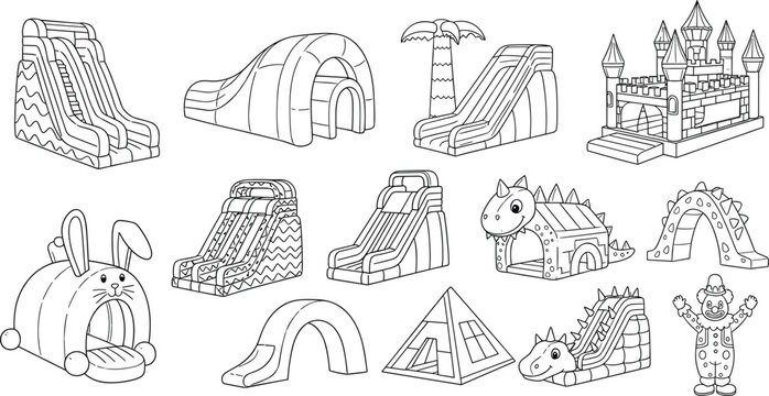 Inflatable Playground Equipment Icon Set Featuring Slides, Castles, Animal Shapes, and Funhouse Attractions for Kids&rsquo; Playgrounds and Parties