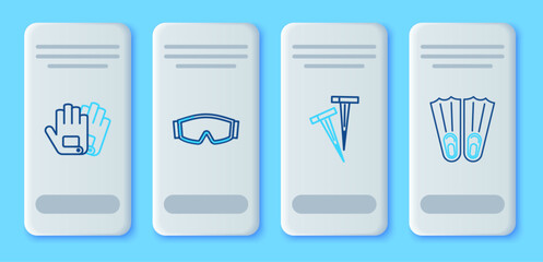 Set line Ski goggles, Pegs for tents, Gloves and Rubber flippers swimming icon. Vector © Oksana