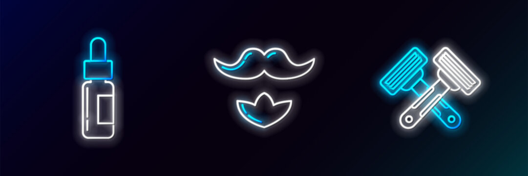 Set line Crossed shaving razor, Glass bottle with pipette and Mustache and beard icon. Glowing neon. Vector