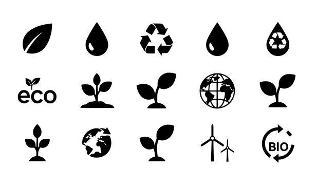 Eco and bio icon set flat balck nature symbols recycle leaf water and energy vector collection isolated on white