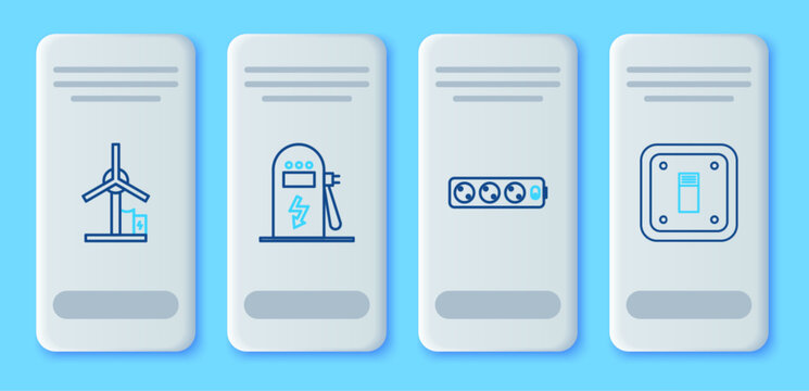 Set line Electric car charging station, extension cord, Wind turbine and light switch icon. Vector