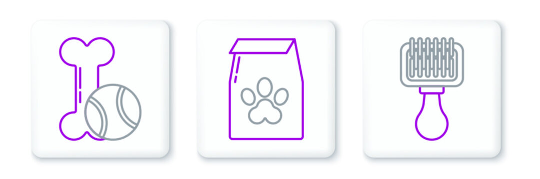 Set line Hair brush for dog and cat, Pet toys bone rubber ball and Bag of food pet icon. Vector