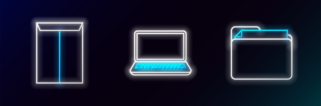 Set line Document folder, Envelope and Laptop icon. Glowing neon. Vector