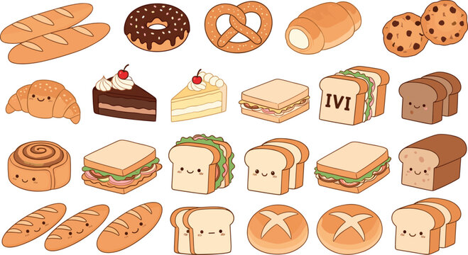 Large collection of cute bakery and bread characters including croissant baguette sandwich cake donut and cookies isolated on white background vector illustration