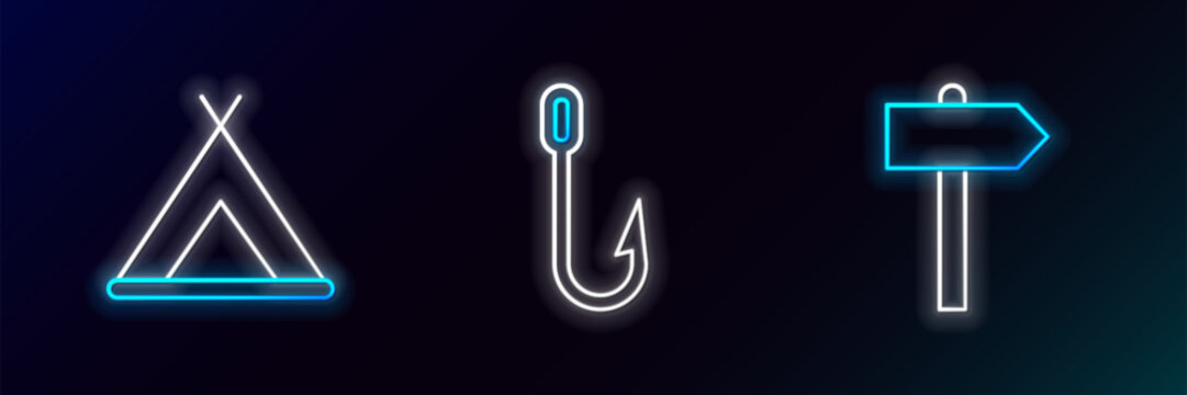 Set line Road traffic signpost, Tourist tent and Fishing hook icon. Glowing neon. Vector
