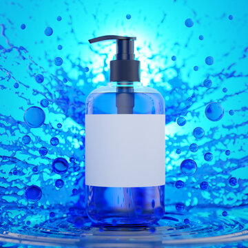 Blue Shampoo Bottle Mockup with White Label and Water Splash