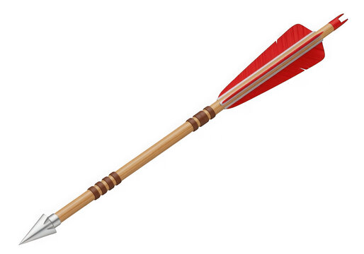 A wooden arrow with a metal tip and red fletching isolated on transparent background