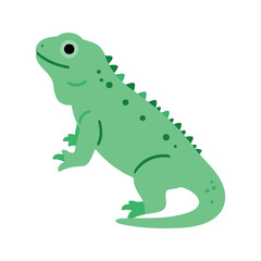 Fototapeta premium Illustration of a cartoon green iguana standing on its hind legs and looking up