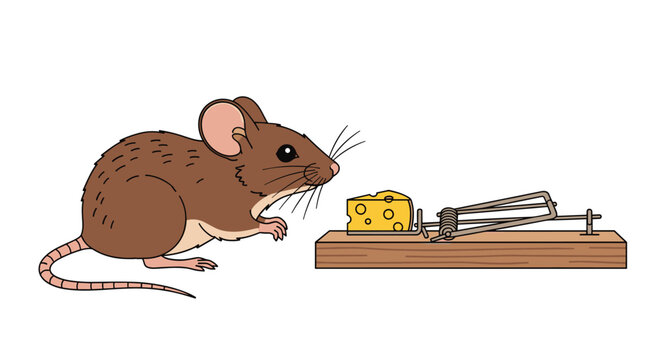A realistic brown field mouse with long whiskers approaches a traditional wooden spring trap holding a small piece of holed yellow Swiss cheese.