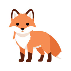 Fototapeta premium Cartoon fox stands alert with a fluffy tail and pointed ears, against a white background