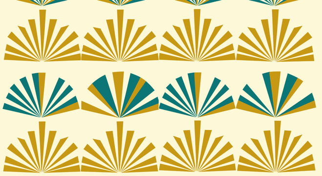 A repeating pattern of golden and teal fan shapes on a cream background