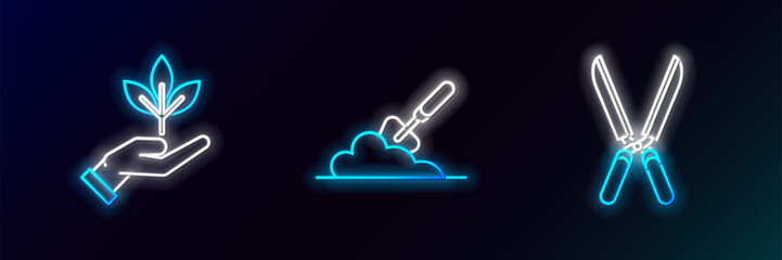 Set line Gardening handmade scissors for trimming, Plant of environmental protection and trowel spade shovel the ground icon. Glowing neon. Vector © Oksana