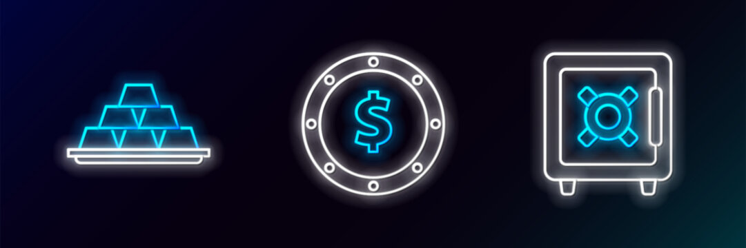 Set line Safe, Gold bars and Coin money with dollar symbol icon. Glowing neon. Vector