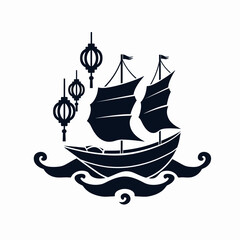 Stylized illustration of a traditional sailing vessel with decorative lanterns © Mangku