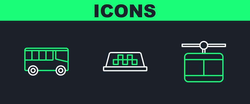 Set line Cable car, Bus and Taxi roof icon. Vector
