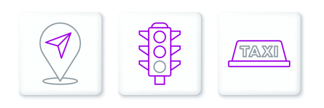 Set line Taxi car roof, Location and Traffic light icon. Vector
