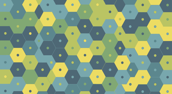 A grid of colorful hexagons with small dots inside each
