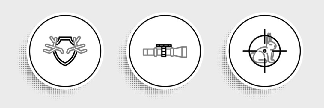 Set line Hunt on rabbit with crosshairs, Deer antlers shield and Sniper optical sight icon. Vector