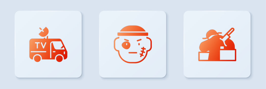 Set Bandit, TV News car and Murder. White square button. Vector