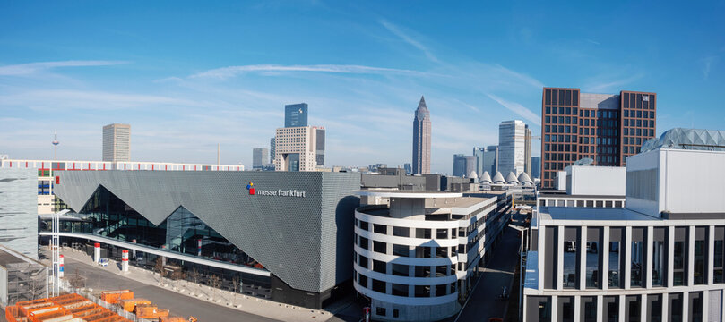 panoramic view of Messe Frankfurt exhibition center with Frankfurt skyline behind