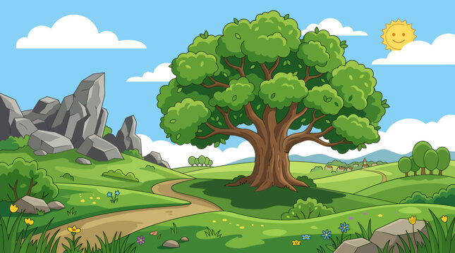 Oak tree dominates a rolling green landscape with jagged rock formations and a narrow path leading through a sunny meadow toward distant hills.