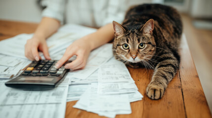 Overhead view of a pet owner at a kitchen table organizing insurance bills and medical paperwork with a curious ginger cat sitting nearby
