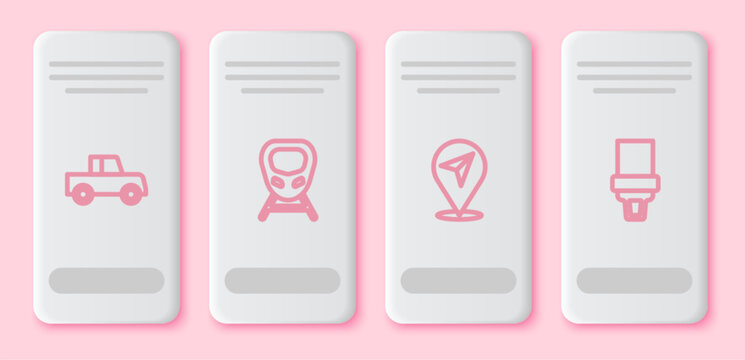 Set line Car, High-speed train, Location and Safety belt. White rectangle button. Vector