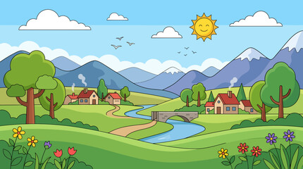 Fototapeta premium Countryside landscape features a winding river flowing through green hills, a small village with cottages, and majestic mountains under a bright sunny sky with fluffy white clouds.