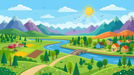 Obraz premium Farm lands and a small village sit beside a wide river flowing through a valley with a stone bridge and majestic mountain peaks under a bright morning sun.