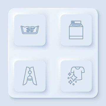 Set line Temperature wash, Washer, Clothes pin and Drying clothes. White square button. Vector
