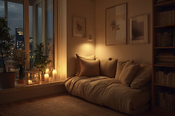 Fototapeta premium Cozy Scandinavian apartment evening scene with warm ambient lighting, soft cushions on sofa, candles on windowsill, plants, and framed botanical art creating relaxing atmosphere